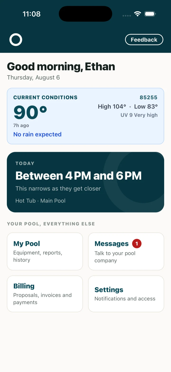 Your pool company today: arriving between 4 and 6 PM, narrowing as they travel, with a message waiting