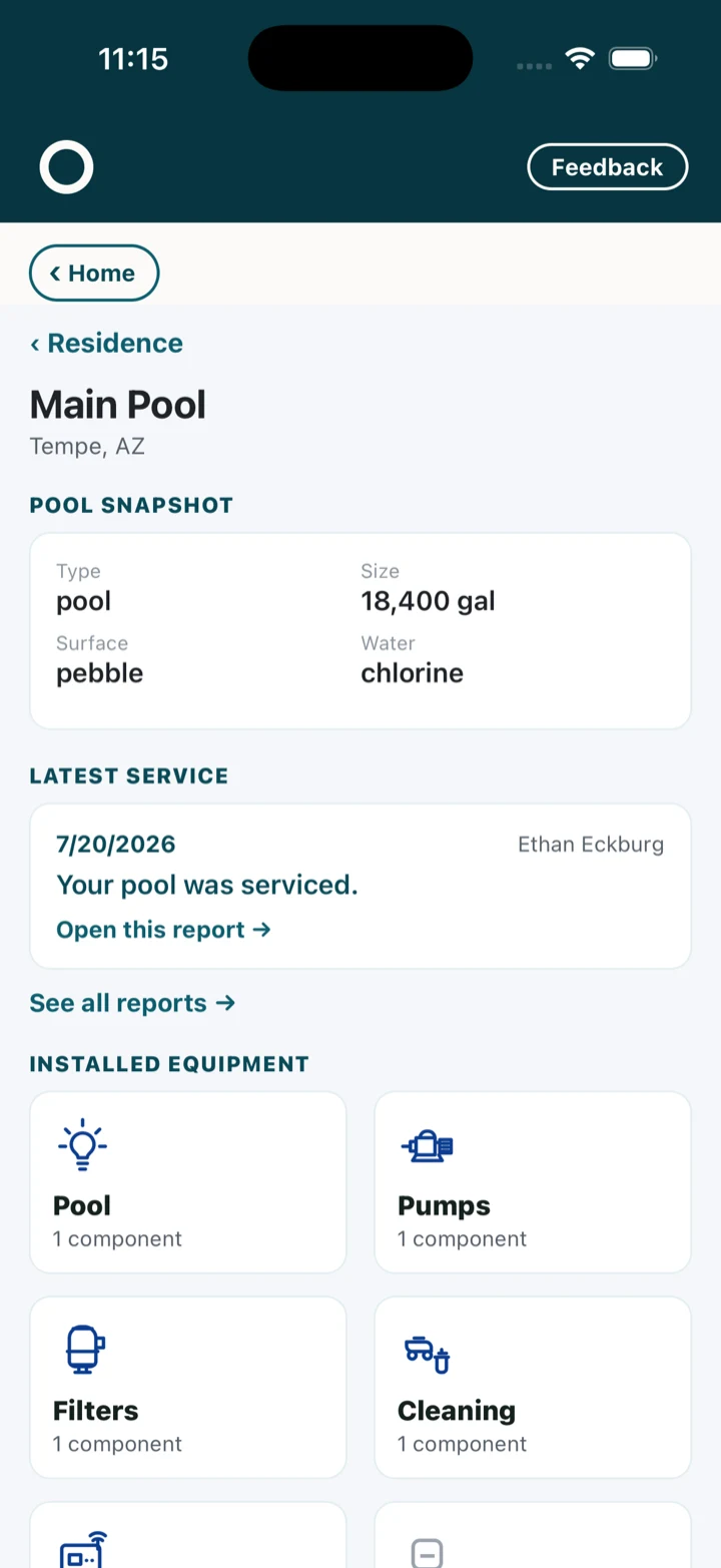 Your pool’s own record: size, surface and water, the last service, and every piece of equipment on file