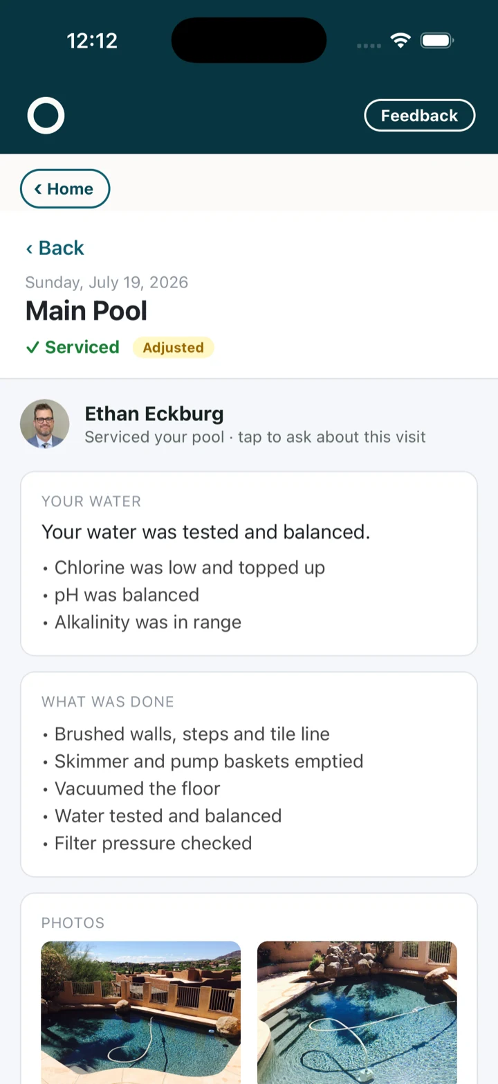 A service report a homeowner can actually read: what the water needed, what was done, and who did it