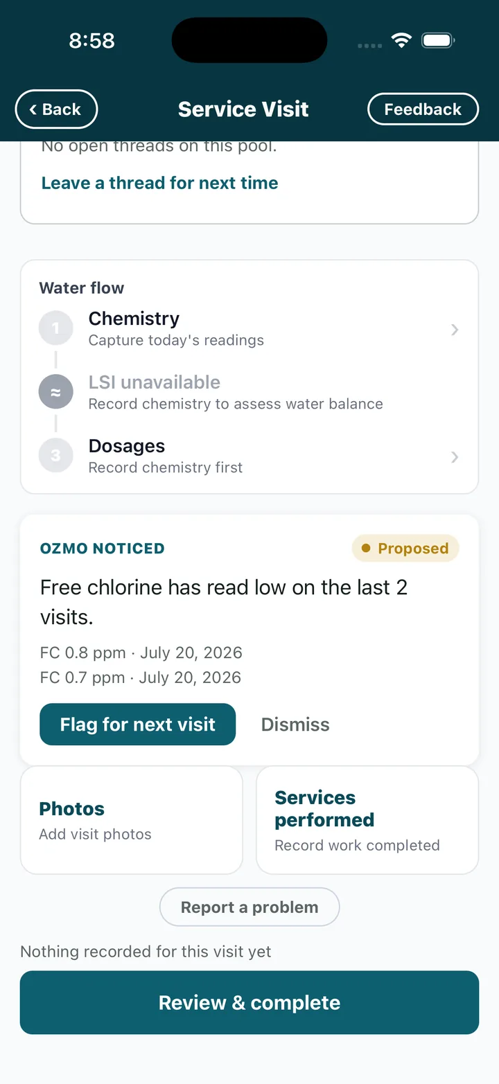 An Ozmo noticing with its evidence — the technician decides
